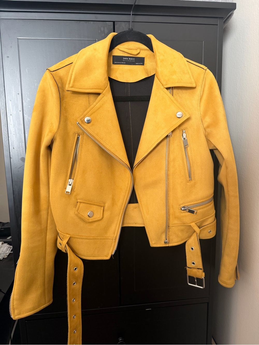 Zara Yellow Suede Moto Jacket with Belt Accents